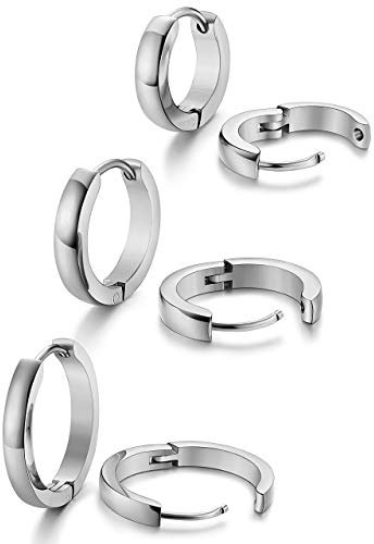 FIOROYAL 3Paar Edelstahl Ohrringe Herren Damen Creolen Huggie Ohr Piercings Hypoallergen Ohrringe Männer Silber 12/16/20mm