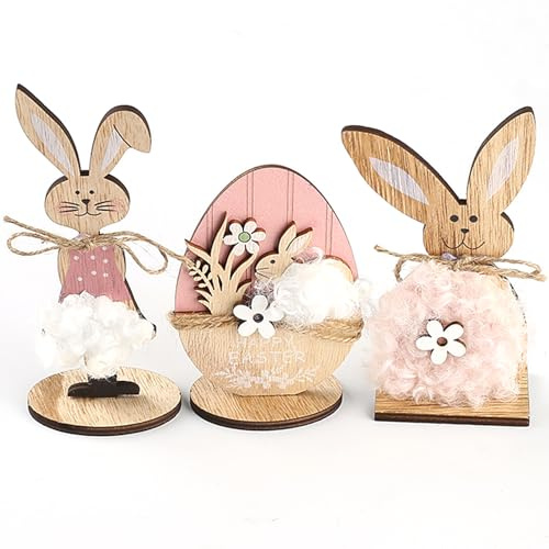 HERZWILD Osterhase Deko aus Holz - 3pcs Aufsteller für Ostern, Osterdeko Holz Hase Deko - B -3pcs