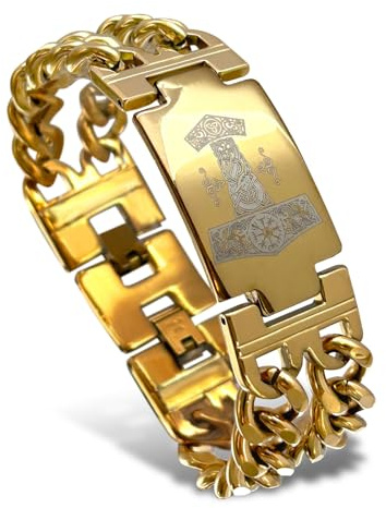 bahamut Mens Viking Odin Gungnir Mjolnir Stainless Steel Cool Cuban Chain Link Bracelet for Men,Norse Cuff Wristband Jewelry