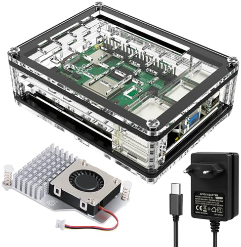 Miuzei Gehäuse für Raspberry Pi 5 mit 5V Netzteil Active Cooler,Acryl Clear Case für Raspberry Pi 5 with 5.1v 5A Adapter Type-C Power Supply,Official Fan PC Kühlkörper Lüfter für Raspberry 5 8gb 4gb