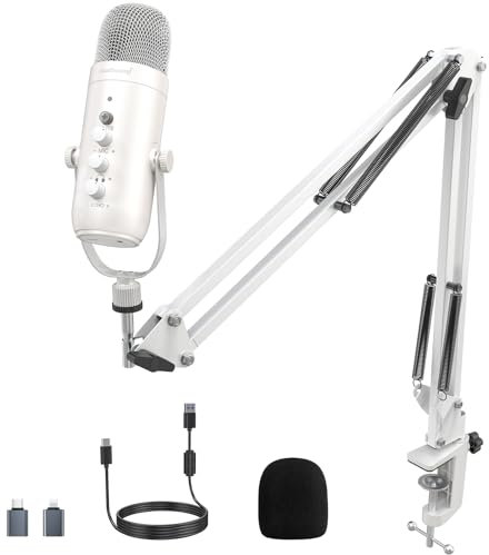 ZealSound Kit de micrófono gaming,micrófono USB de condensador con brazo articulado,micrófono cardioide,botón de silencio,eco,monitoreo, micrófono para teléfono,PC,podcasts,video,chat en línea(Blanco)