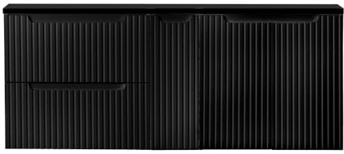 Lomadox Meuble de salle de bain double lavabo 140 cm, noir, avant rainuré, sans poignée