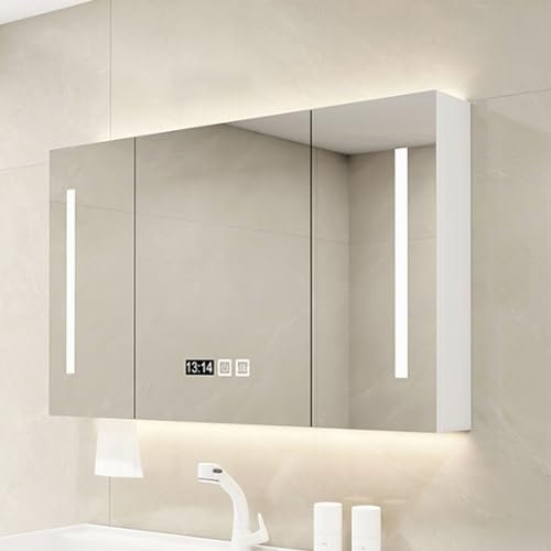 Spiegelschrank bad mit Entnebelung beleuchtung,mit LED Leuchten,Wand-Kosmetikspiegel hölzern mit Ablagefach,3 Farben Intelligenter Kosmetikspiegel,badezimmerschrank mit HD spiegel,Zeit Temperaturanzei