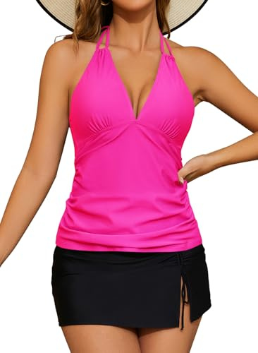 SHEKINI Costume da bagno da donna, in stile tankini, con controllo addominale, top e gonna, costume a 2 pezzi, Rosa caldo, S