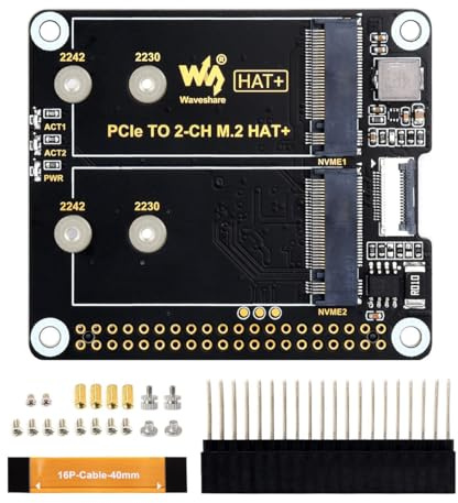 Waveshare PCIe to 2-Ch M.2 Adapter for Raspberry Pi 5, Compatible with 2230/2242 Size NVMe Solid State Drive, High-Speed Reading/Writing