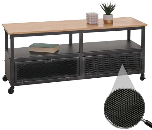 Mendler Lowboard HWC-N28 55x130x36cm Metall - schwarz, Natur | TV-Rack, Rollen, 2 Fächer, 3D-Struktur, Industrial, Retro, Holz