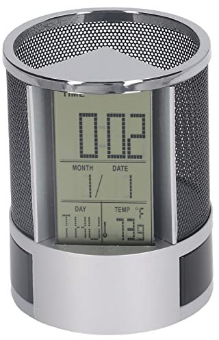 HERCHR Electronic Clock Pen Holder, Desk Clock Digital Pen Holder,Pen Organizer for Desk,Digital Alarm Clock Pen Holder Perpetual Calendar Pen Holder Multifunctional Electronic Clock Pen Holder Black