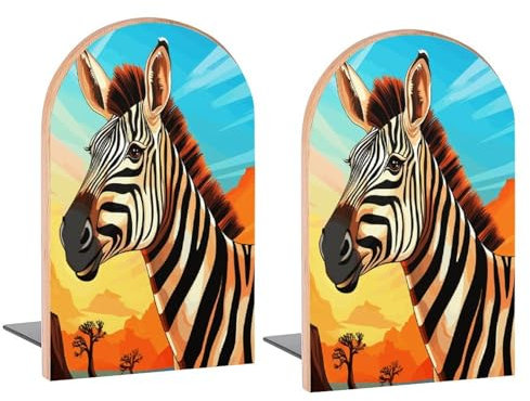 Buchstützen mit Cartoon-Zebra-Kopf, dekorative Holz-Buchstützen für Regale, Schreibtisch, Heimbüro, Buchstopper für Zeitschriften, Bücher, DVDs, 2 Stück
