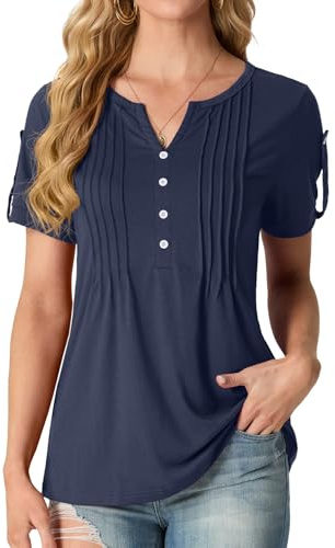 GRECERELLE Womens Summer Tops Pleated Button V-Neck Short Sleeve T-Shirt Elegant Solid Color Casual Blouses for Women UK (Navy Blue,XXL)