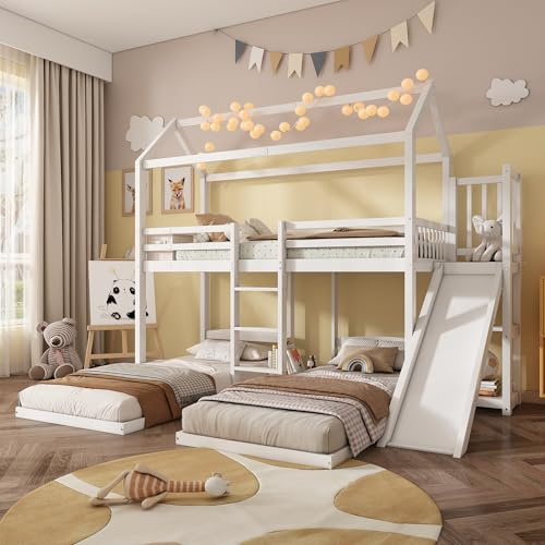 Kinderbett Etagenbett 90x200, Hochbett Hausbett mit Rutsche&Dach&Regal&Leiter, Holzbett Stockbett Doppelbett Bettgestell Jugendbett Spielbett mit Rausfallschutz&Lattenrost, Kiefer, Ohne Matratze, Weiß