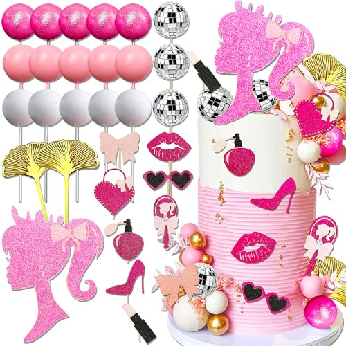 JeVenis Disco Hot Pink Girl Birthday Cake Decoration Pink Girls Birthday Decoration Pink Balls Palm Leaves Heels Lipstick Bags Cake Topper for Bridal Shower Baby Shower