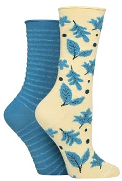 ELLE Women's Feather Striped Socks - Soft, Breathable Bamboo, Calf Length, Crew, Fluffy Texture, Patterned, Spotty, Striped, Multipack of 2 Size 4-8 Storm