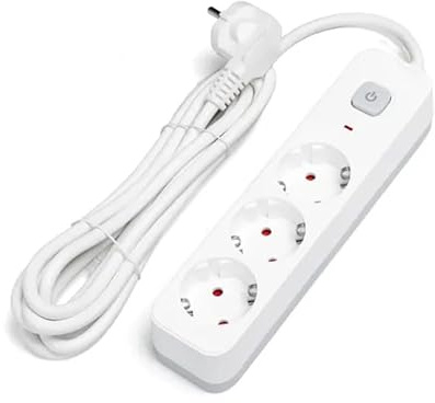 Regleta eléctrica de 3 vías con Interruptor, Cable de 3 m, 3G, 1,5 mm², Color Blanca y Gris, Ideal para Ampliar Tomas de Corriente.