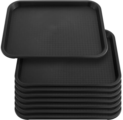 HEIYUET 8 Stück 35 x 27 cm Plastik Fast Food Tablett Schwarz, Rechteckige Tabletts Kunststoff Serviertablett Schwarz Kellnertablett rutschfest für Cafeteria, Café, Restaurants