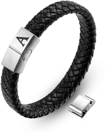 AFSTALR Lederarmband Armband Herren Leder Schwarz mit Gravur A-Z Buchstaben Armbänder Magnetverschluss Personalisiert Herrenarmband Bracelet Schmuck Geschenke für Männer