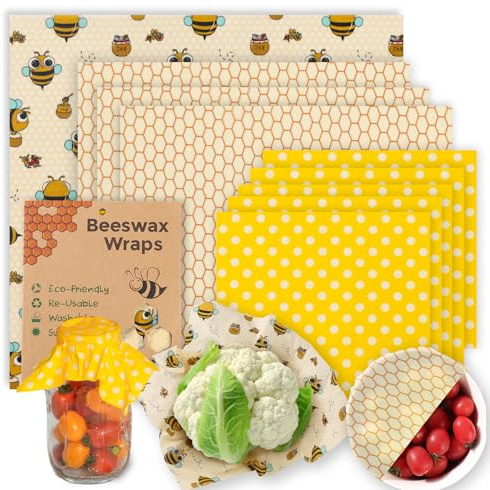Beeswax Food Wraps 9 Pack Reusable Food Wrap Wax Paper Sheets, Eco Friendly Bees Wax Food Covers for Mason Jars, Sandwiches, Cheese, Bread Bags & Bowls, Green Kitchen Gift Set