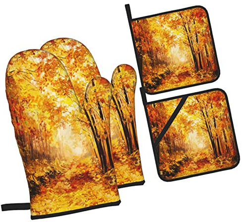 4 Pezzi Set Di Presine Da Cucina Landscape Painting Fall Guanti Da Forno Morbida Divertenti Guanti Per Forno Da Cucina Per Grigliare, Cottura Al Forno, Barbecue