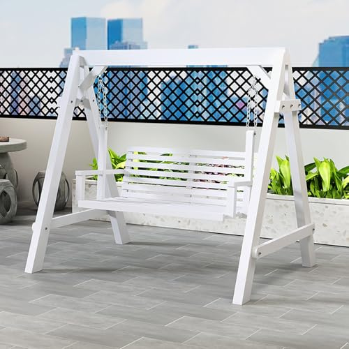 Hollywoodschaukel 2 Sitzer aus Holz, Gartenschaukel mit Metallketten, Lattenrost, Tragkraft 300 Kg, für Garten, Terrasse, Veranda(White)