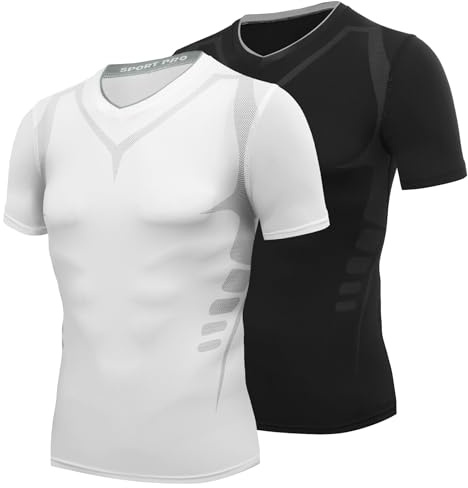 AMZSPORT Kortärmad kompressionströja för herr sport gym, 8202-svart + vit (2-pack), L