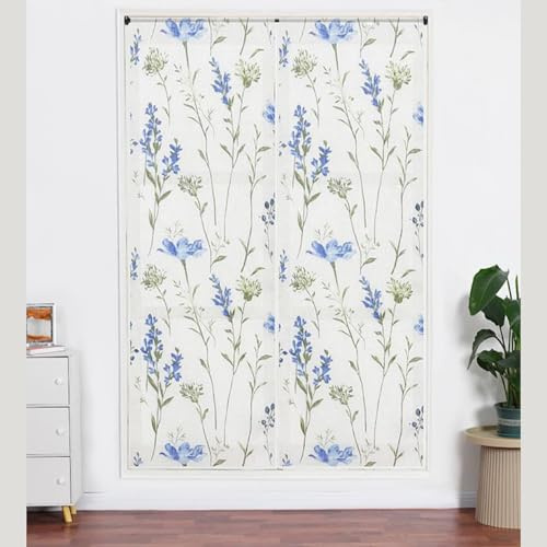 Generico Lino Tende Tendine Finestre a Pannello Trasparente Adatte per Porte Balcone Soggiorno Camera da Letto Cucina (Blu Flower, 60x240cm 2 Pannelli)