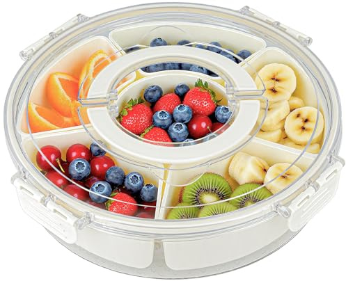 JACMKEON Snack Tray Round Snack Box with 6 Compartments, Rotating Snackle Box Container, Divided Serving Tray with Lid and Handle, Food Container Organiser for Snacks Fruit Veggie Candy Spice