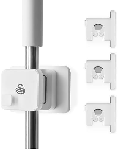 Swan Elevate 3-Piece Broom & Mop Holder, Self-Adhesive Clips, Wall-Mounted Organiser for Brushes, Umbrellas & Dusters, White SWFC2013WHTN