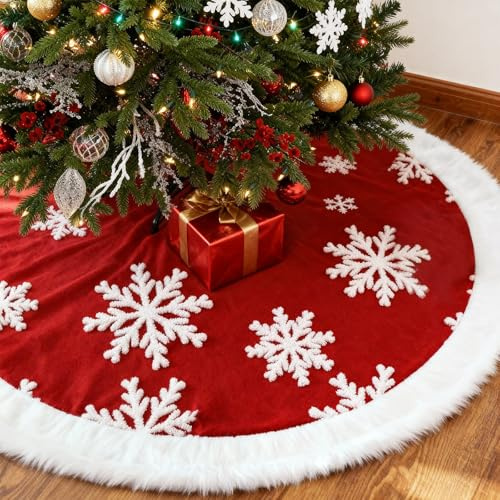Flow fire 90cm/36in Christmas Tree Skirt Red and White, Snowflake Embroidery Fabric Tree Skirt for Christmas Tree Ornaments, Home Party Decor, Holiday Decorations