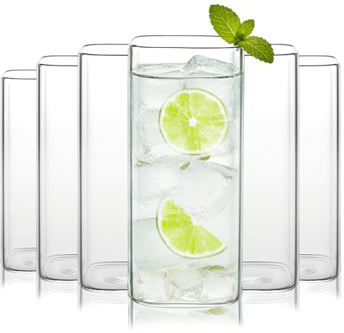 Boarle Set of 6 Traditional Highball Glasses 470ml/15.8 oz Ideal for Water Juice Beer Cocktails and Cold Drinks Stylish Design with Thick Base