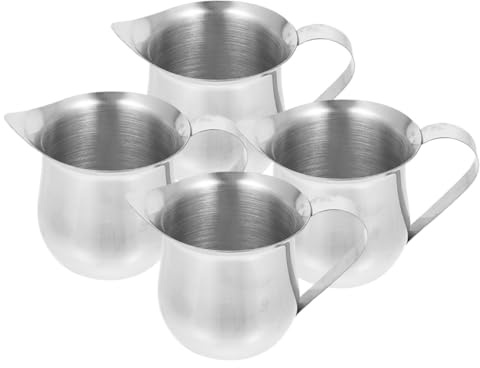 FIXOSHEE 4 pièces Pichet à Lait Inox Pot Crème Petit Inox avec Bec Verseur Mesureur Espresso Tasse Mousseuse pour Café et Sauce Design Élégant et Facile à Nettoyer