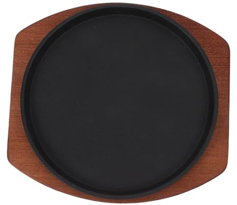 TOYANDONA Padella Fajita in Ghisa con Base in Legno Piastra Grill Rotonda Antiaderente per Cucina Servizio Steak e Bbq Adatta per Piani Cottura a Induzione e a Pulizia Facile