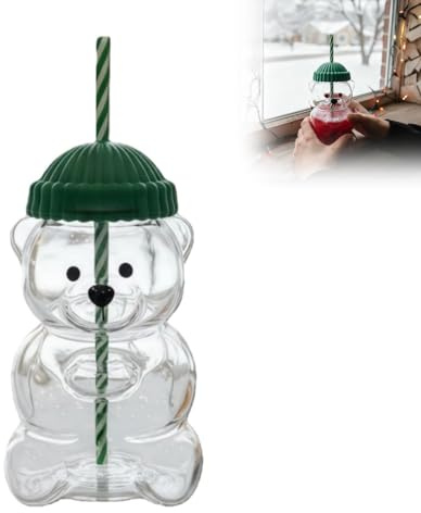 Bear Cup with Straw & Lid, 350ML Cute Bear Glass Straw Cup Reusable Clear Glass Cups Iced Coffee Smoothies Fruit Juice Drinks Beverage Bottle Gift for Christmas (Green)