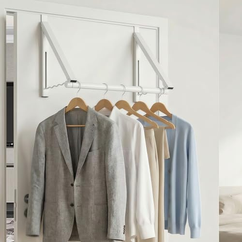 Over Door Hanger, Heavy Duty Over Door Hook, Space-Saving Over Door Clothes Airer for Coats & Clothing, Small Clothes Organizer, Expandable Foldaway Clothes Rail for Bedroom Laundry and Office
