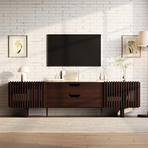 180 x 40 x 45 cm soporte para TV en nogal oscuro, dispone de dos cajones y puertas de armario únicas, mueble de TV, armario de TV, gabinete de salón, armario de televisión, adecuado para televisores
