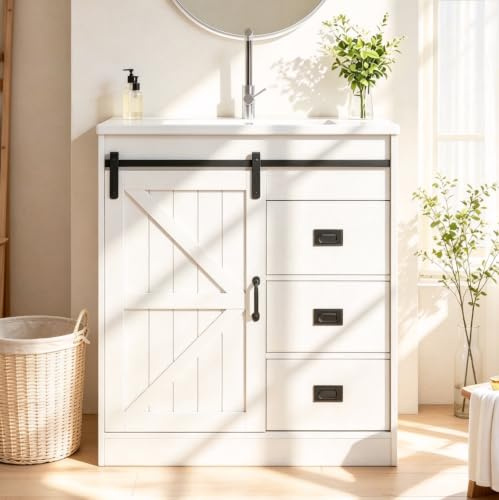 luckdect Meuble-Lavabo de avec Vasque 76cm, Meuble Salle de Bain Rangement sur Pieds avec Porte Coulissante,2 Tiroirs et 2 EtagèRes,Armoire avec Porte de Grange,Grand Espace de Rangement