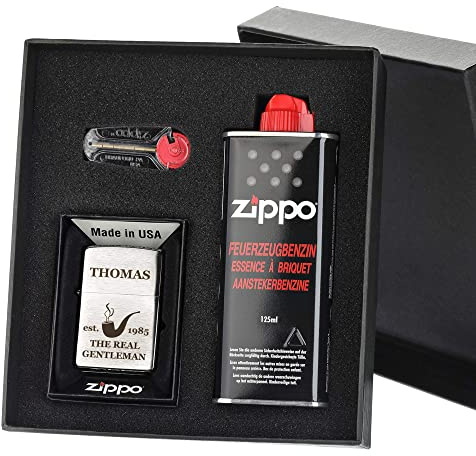 Zippo-Store Zippo Sturmfeuerzeug Geschenk-Set - 1 Flasche Benzin (125ml) - 6 Feuersteine - mit Gravur - inkl. Geschenketui - Wind- und Wetterfest Motiv Real Gentleman