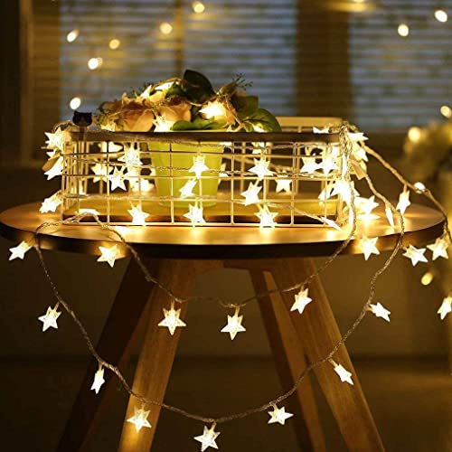 Twinkle Star 50 LED-Sternen-Lichterketten, Plug-in-Lichterketten, wasserdicht, erweiterbar für drinnen, draußen, Hochzeitsfeier, Weihnachtsbaum, Neujahr, Gartendekoration, warmweiß