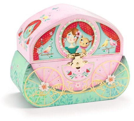 Djeco Spieluhr mit Kutsche – Aufbewahrung von Schmuck und Geheimnissen – harmonische Melodie – mit Papier bezogen und innen weicher Samt, Spiegel – dekorative Prinzessin