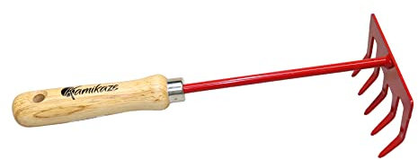 Kamikaze Herramienta Jardinería Rastrillo 5 púas. Resistente al Oxido. Mangos Barnizados.