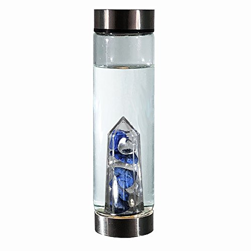 bewater Reusable gem Glass Water Bottle with a Chamber of Sparkling Dumortierite and Rock Crystal Gemstones | Lead Free Glass | 500ml with a Wide Open Neck and Screw top lid. (bemagic Vision)
