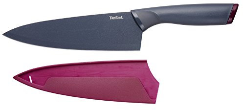 Tefal K12202 Fresh Kitchen Kochmesser 20 cm | Klinge aus Edelstahl mit titanverstärkter Antihaftbeschichtung | ergonomischer Griff | inkl. farbiger Schutzhülle | spülmaschinenfest | Schwarz/Dunkelrot