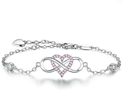 BlingGem Damen Armband Unendlichkeit Herz Weißgold vergoldet 925 Sterling Silber Rosa Zirkonia Bettelarmband Für Immer Zusammen Geschenk für Frauen