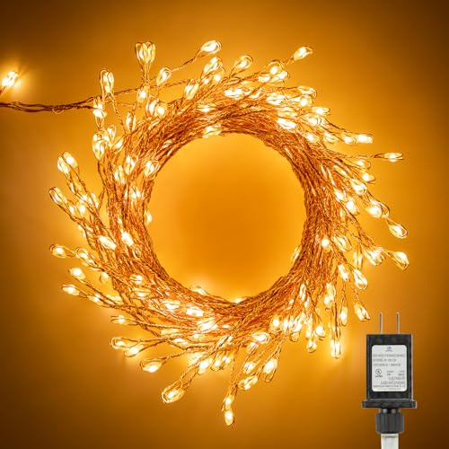 Minetom Fairy Lights Plug in, 10Feet 200LED Cluster String Lights, Copper Wire Waterproof Starry Firecracker Lights for Ceiling Bedroom Wreath Window Wedding Christmas Tree Decorations, Warm White