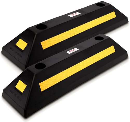 Pyle 2-Pack Heavy Duty Rubber Wheel Stops for Garage Parking – Durable, High-Visibility Tire Blocks for Cars, Trucks, Vans, RVs, Trailers, Forklifts – Reflective Safety Strip Included
