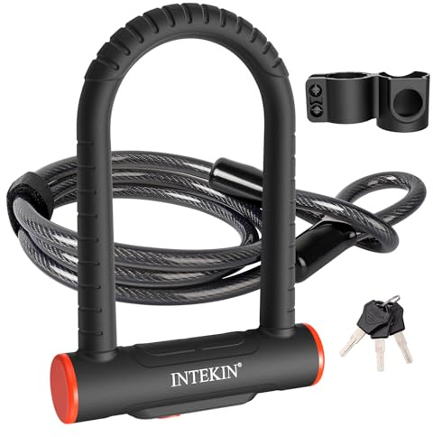 INTEKIN Bike U Lock Heavy Duty Lock, 16mm U Lock and 5ft Length Security Cable with Sturdy Mounting Bracket for Motorcycle and More, Black, Small