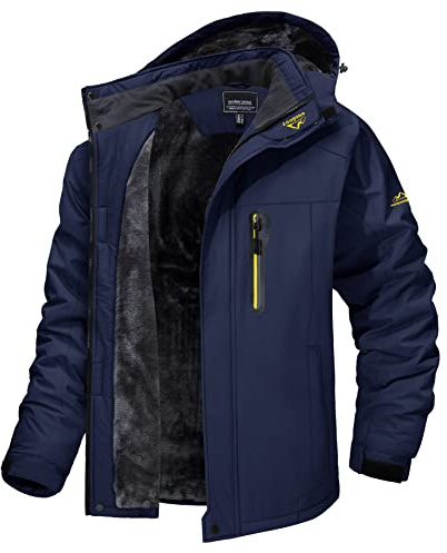 MAGCOMSEN Herren Winter Fleecejacke Warme Gefüttert Skijacke Outdoor Winddicht Wasserdicht Jacke Verdickt Funktionsjacke mit Abnehmbarer Kapuze für Wandern Camping