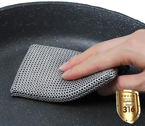 ERGONOW Nettoyeur de Fonte en Cotte de chaîne, Anneau Fin - Poêle à récurer en Acier Inoxydable 316, éponge à récurer la Vaisselle, Silicone intégré avec Anneaux soudés, pour casseroles en Fonte