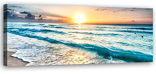 Feeby Vlies Leinwandbild XXL Wellen Meer Strand 120x40 cm Wandbild Kunst Bilder Schlafzimmer Deko Wohnzimmer Nordsee Sonnenuntergang Blau