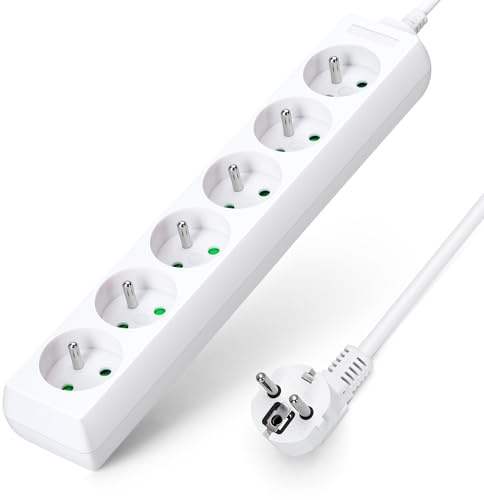 Aigostar - Multiprises 6 Prises 16A 2P + E Extension d'alimentation de 5 Mètre Câble et Sécurité Enfant Blanc