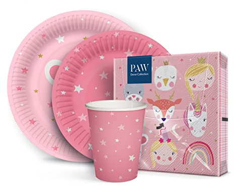 PAW - Partygeschirr Set I 20 Personen, 80 Elemente I Party Geschirrset - 20 x Papierservietten, 40 x Pappteller, 20 x Pappbecher I Einweggeschirr Set - Tiere, Prinzessin, Rosa (Magical Friends)