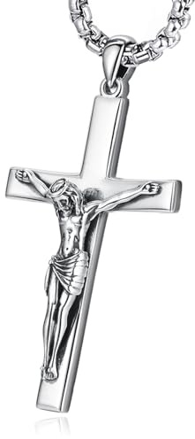 Eusense Croix Jésus Collier, Croix Jésus Pendentif en Argent Sterling 925, Crucifix Catholique Amulette Chretienne, Bijoux Cadeau pour Homme et Femme